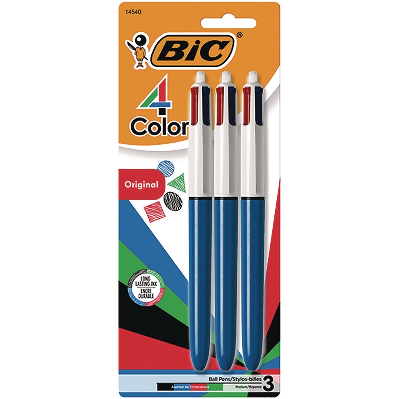 4-Color Multi-Color Ballpoint Pen, Retractable, Medium 1mm, Black/Blue/Green/Red Ink, Randomly Assorted Barrel Colors, 3/Pack