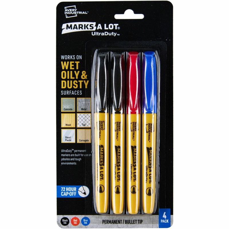Avery UltraDuty Markers, Bullet Tip, 4 Assorted Markers (29848) – Bold Marker Point – 1 mm Marker Point Size – Bullet Marker Point Style – Black, Red, Blue – Polyester Tip – 4 Pack