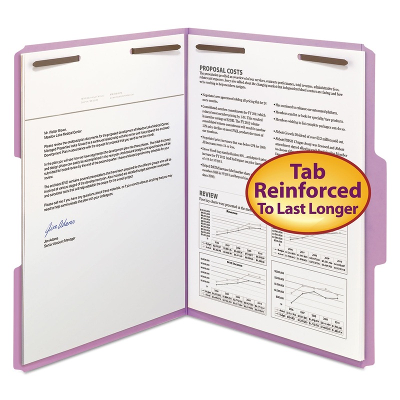 Top Tab Colored Fastener Folders, 0.75″ Expansion, 2 Fasteners, Letter Size, Lavender Exterior, 50/Box