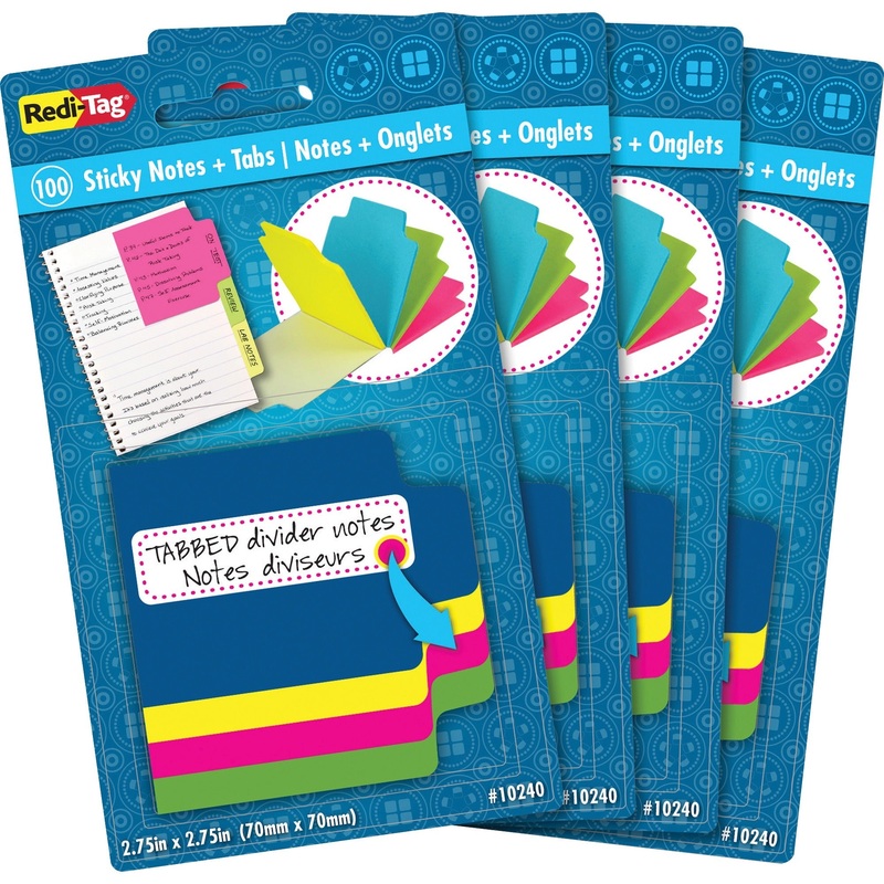 Redi-Tag Tabbed Divider Notes – 4″ x 4″ – Square – Unruled – Assorted – Tab, Self-stick – 4 / Box