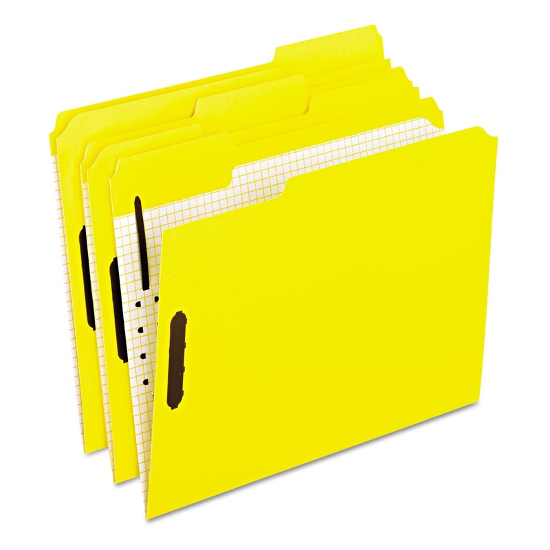 COLORED FOLDERS WITH TWO EMBOSSED FASTENERS, 1/3-CUT TABS, LETTER SIZE, YELLOW, 50/BOX