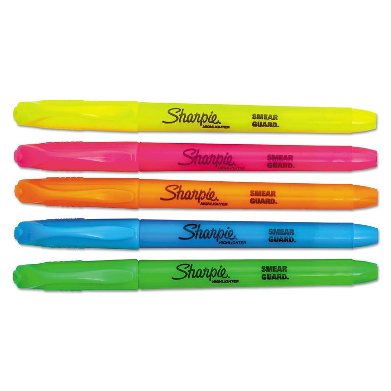 POCKET STYLE HIGHLIGHTERS, CHISEL TIP, ASSORTED COLORS, 5/SET