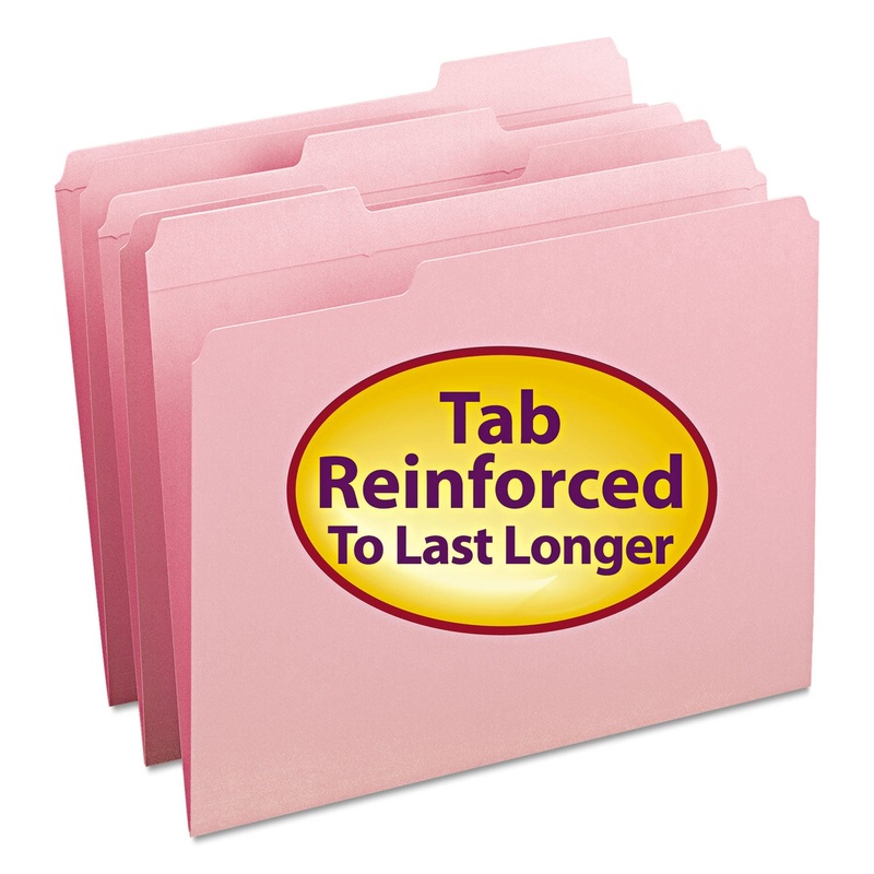 REINFORCED TOP TAB COLORED FILE FOLDERS, 1/3-CUT TABS, LETTER SIZE, PINK, 100/BOX